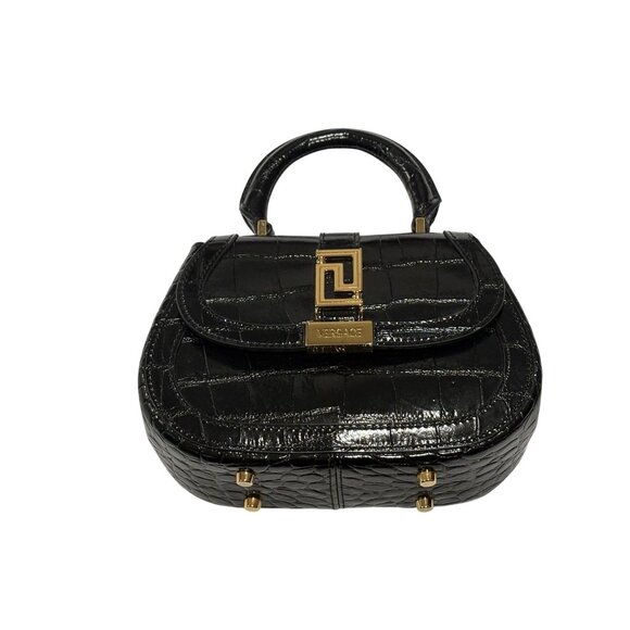 Versace Greca Goddess Croc-Embossed Top Handle Mini Bag in Black Calfskin - Picture 7 of 13